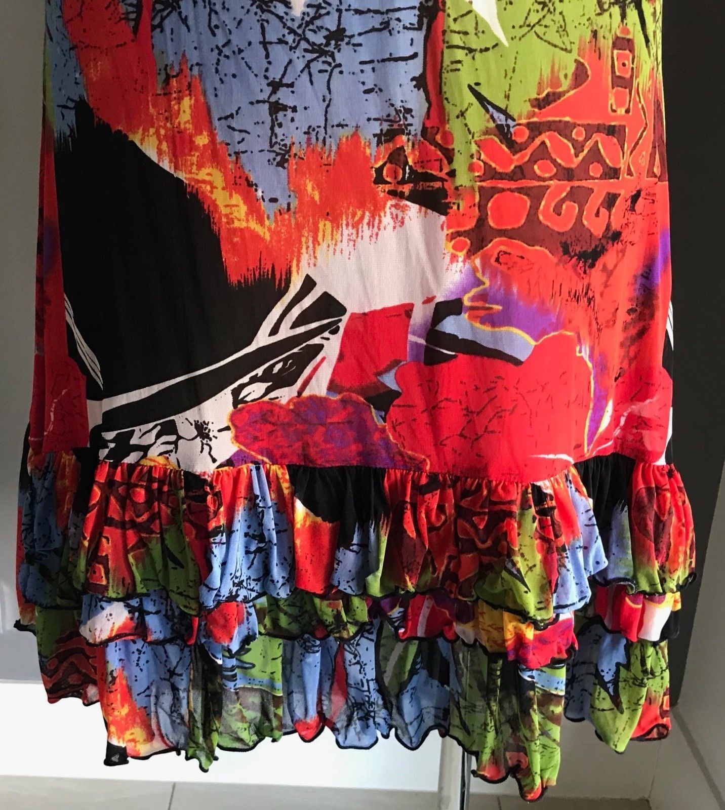 U FIRST Top MultiColoured & Print Ruffle Hem Mesh Net Dress Tunic Size 18