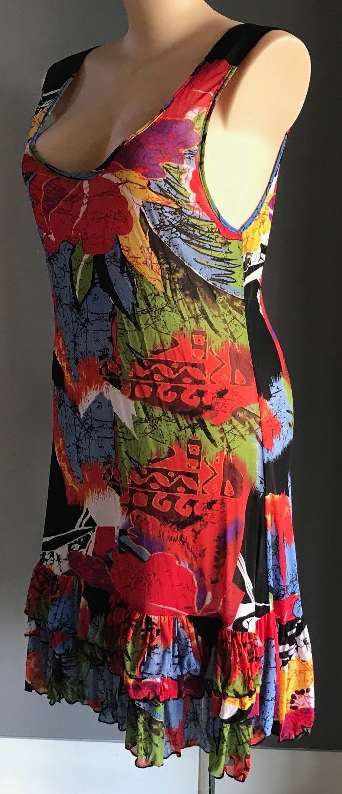 U FIRST Top MultiColoured & Print Ruffle Hem Mesh Net Dress Tunic Size 18