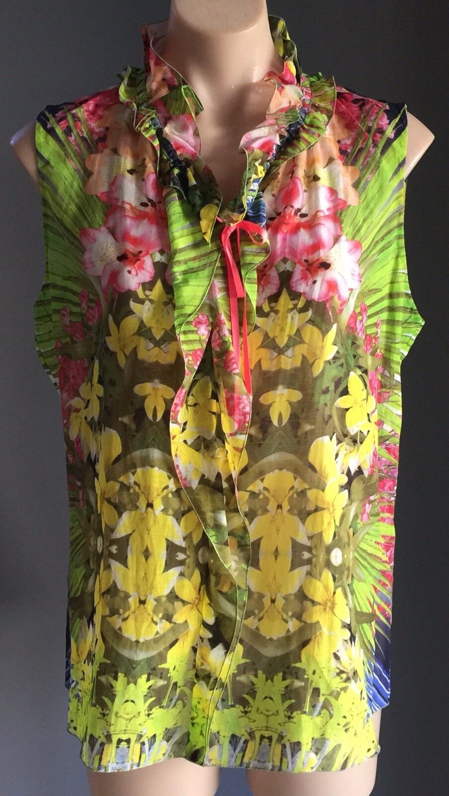 ELIE TAHARI Selena Top Bright Colour Floral Tropical Sleeveless Size XL 16 18