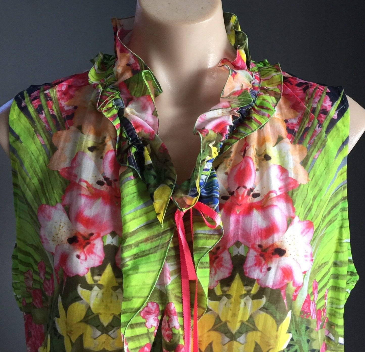 ELIE TAHARI Selena Top Bright Colour Floral Tropical Sleeveless Size XL 16 18