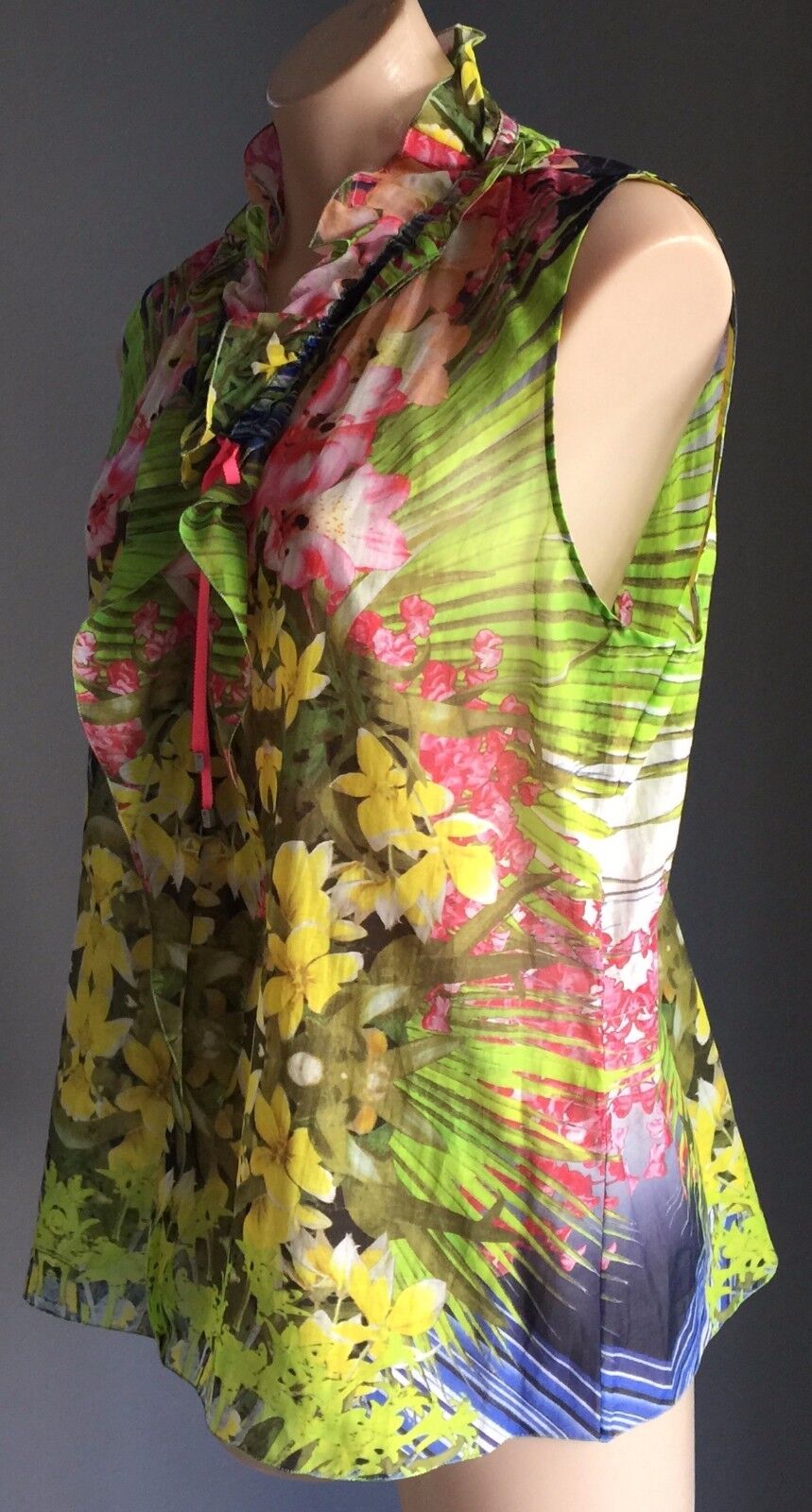 ELIE TAHARI Selena Top Bright Colour Floral Tropical Sleeveless Size XL 16 18