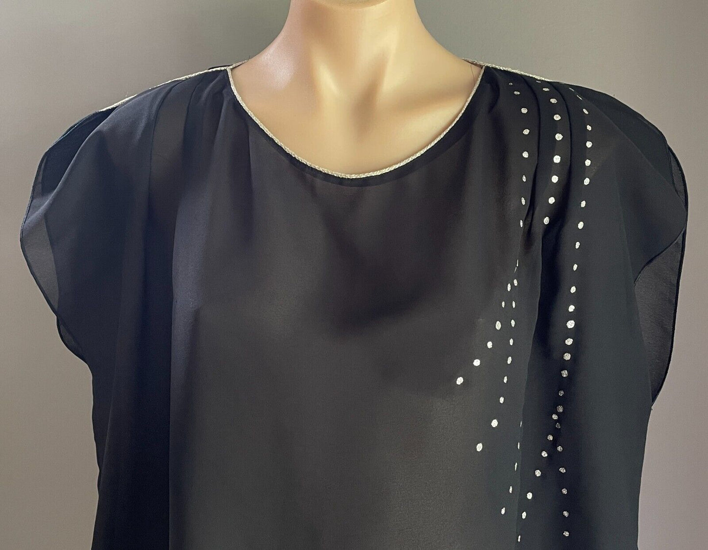 1970s Disco Long Tunic Top Black Sheer Silver Metallic Trim Sleeve Size 16 18