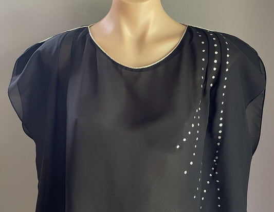 1970s Disco Long Tunic Top Black Sheer Silver Metallic Trim Sleeve Size 16 18