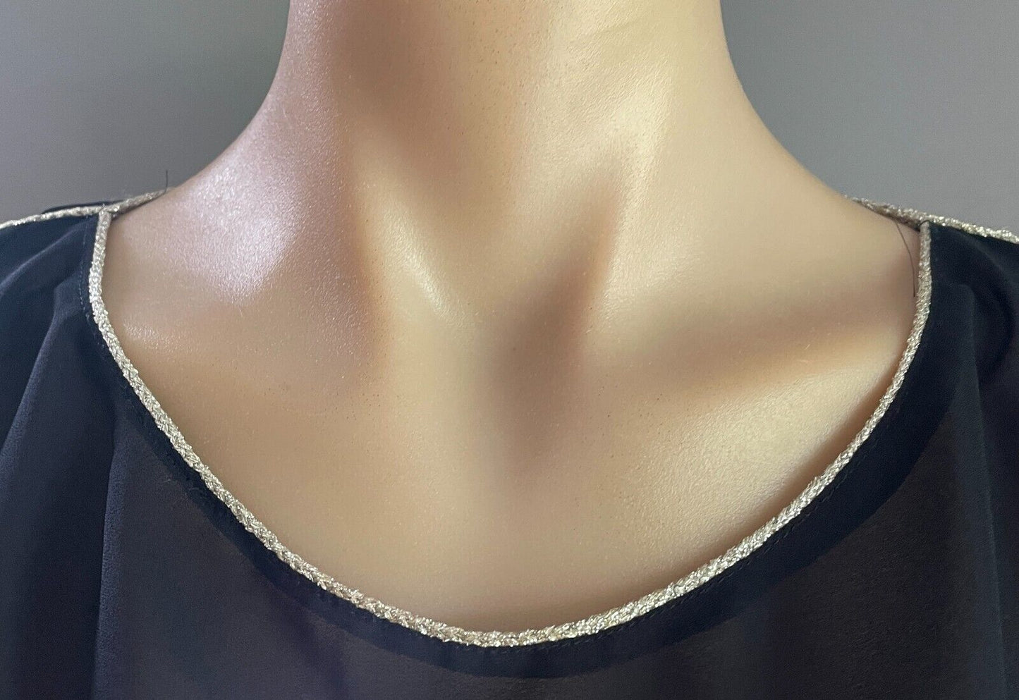 1970s Disco Long Tunic Top Black Sheer Silver Metallic Trim Sleeve Size 16 18