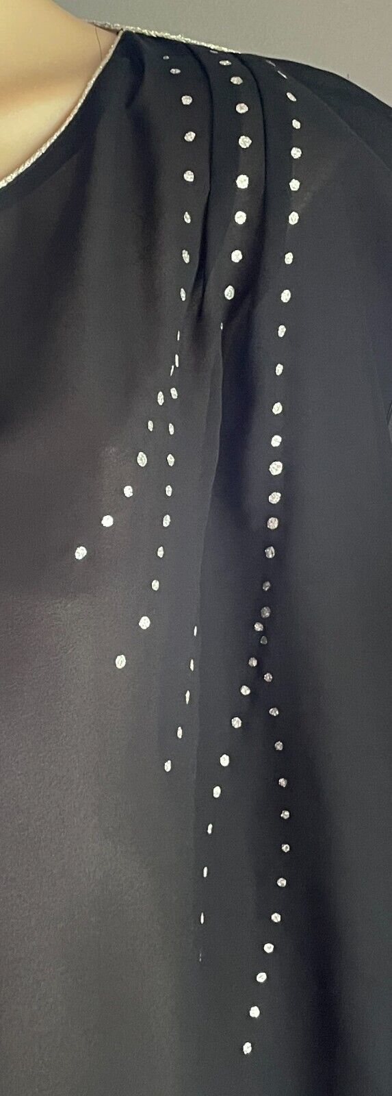 1970s Disco Long Tunic Top Black Sheer Silver Metallic Trim Sleeve Size 16 18