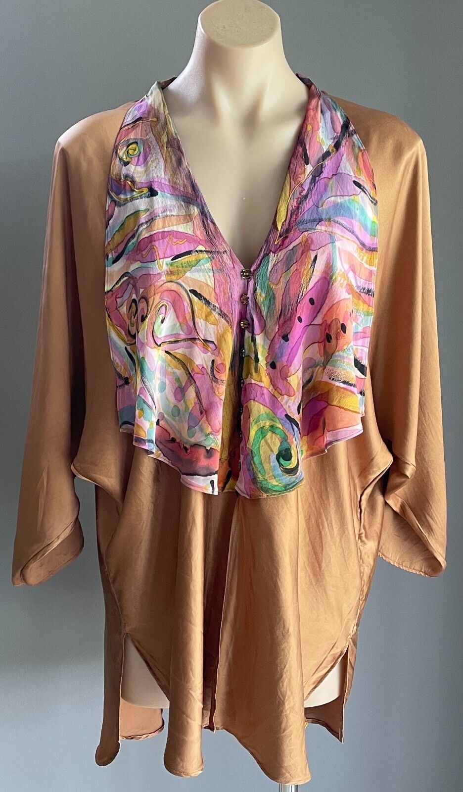 EVOLVE LOVE by ARROZZ Bronze Silk Top Dolman Sleeve Chest Overlay Sz 18 HiLo Hem