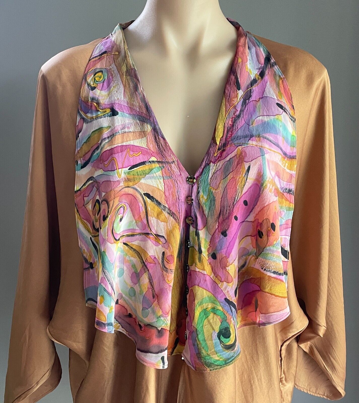 EVOLVE LOVE by ARROZZ Bronze Silk Top Dolman Sleeve Chest Overlay Sz 18 HiLo Hem