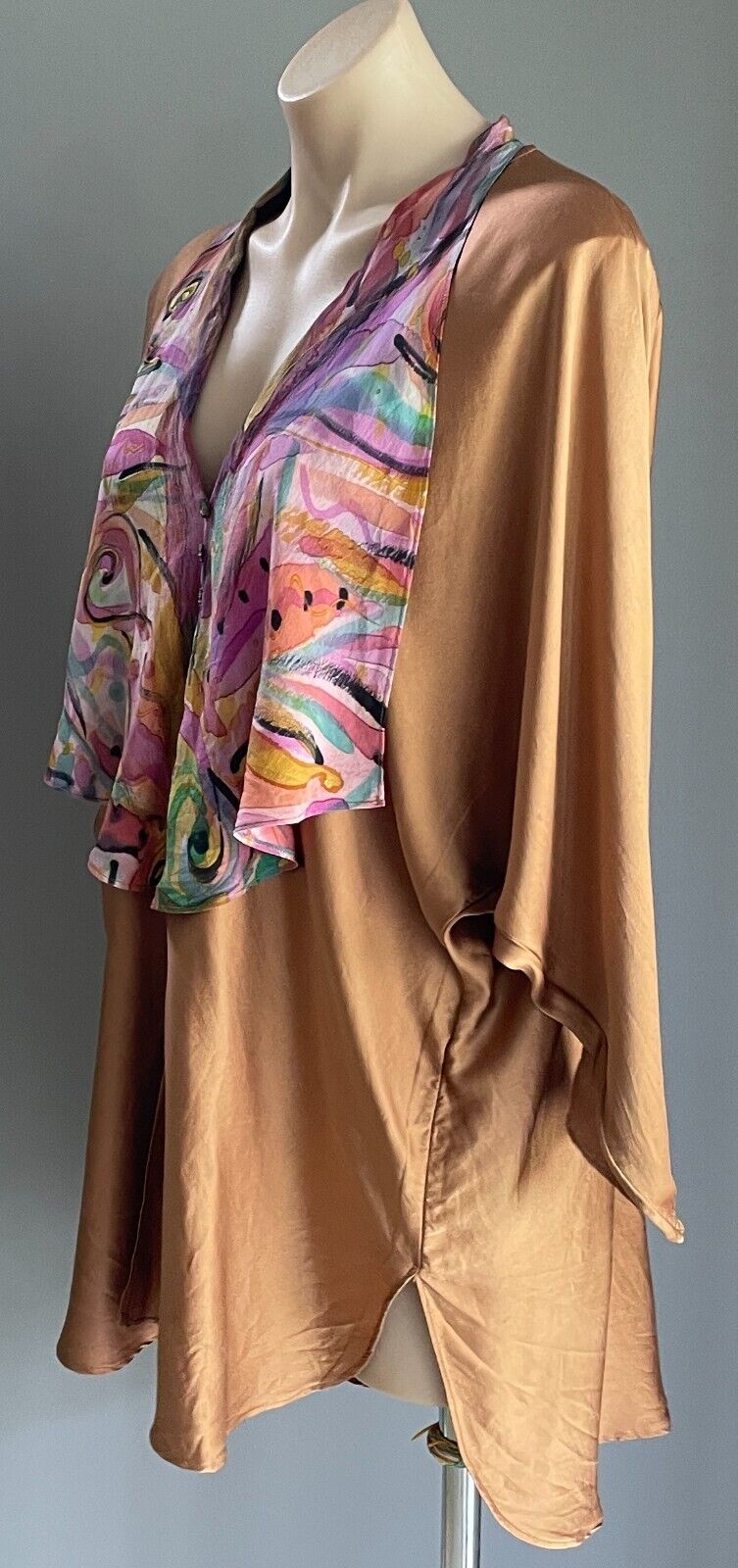 EVOLVE LOVE by ARROZZ Bronze Silk Top Dolman Sleeve Chest Overlay Sz 18 HiLo Hem