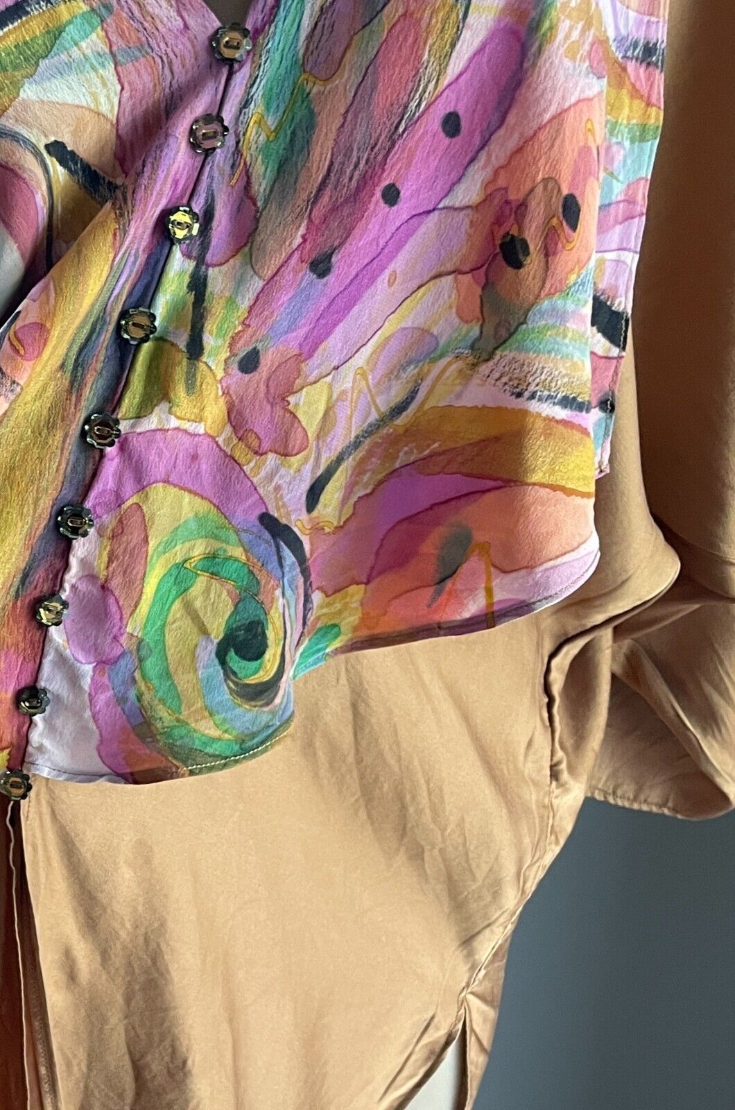 EVOLVE LOVE by ARROZZ Bronze Silk Top Dolman Sleeve Chest Overlay Sz 18 HiLo Hem