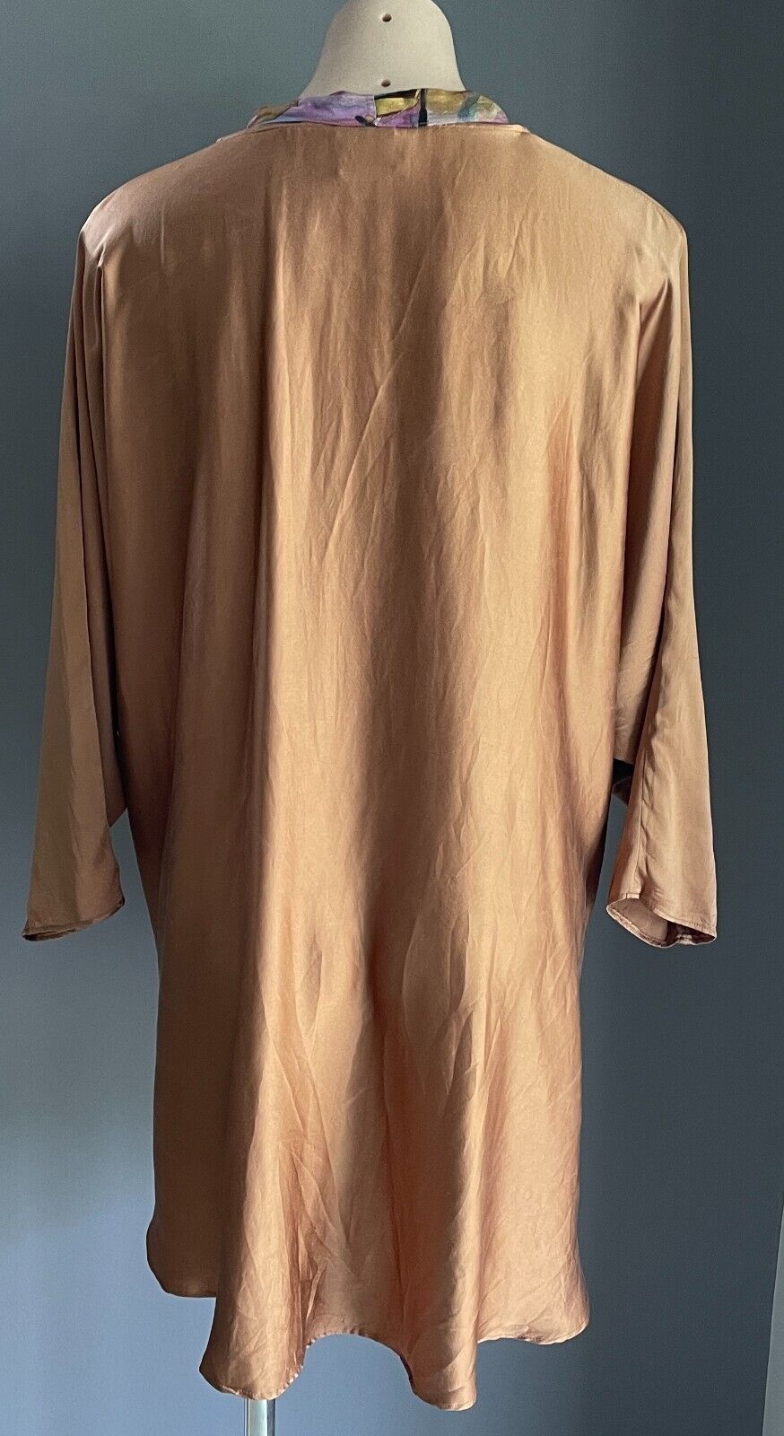 EVOLVE LOVE by ARROZZ Bronze Silk Top Dolman Sleeve Chest Overlay Sz 18 HiLo Hem