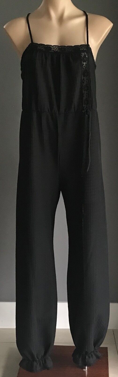 EUROBELLA Jumpsuit Black Semi Sheer Lace Trim Size 40 42 AU 10 12 1970s Vintage
