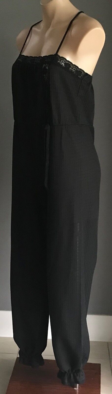 EUROBELLA Jumpsuit Black Semi Sheer Lace Trim Size 40 42 AU 10 12 1970s Vintage