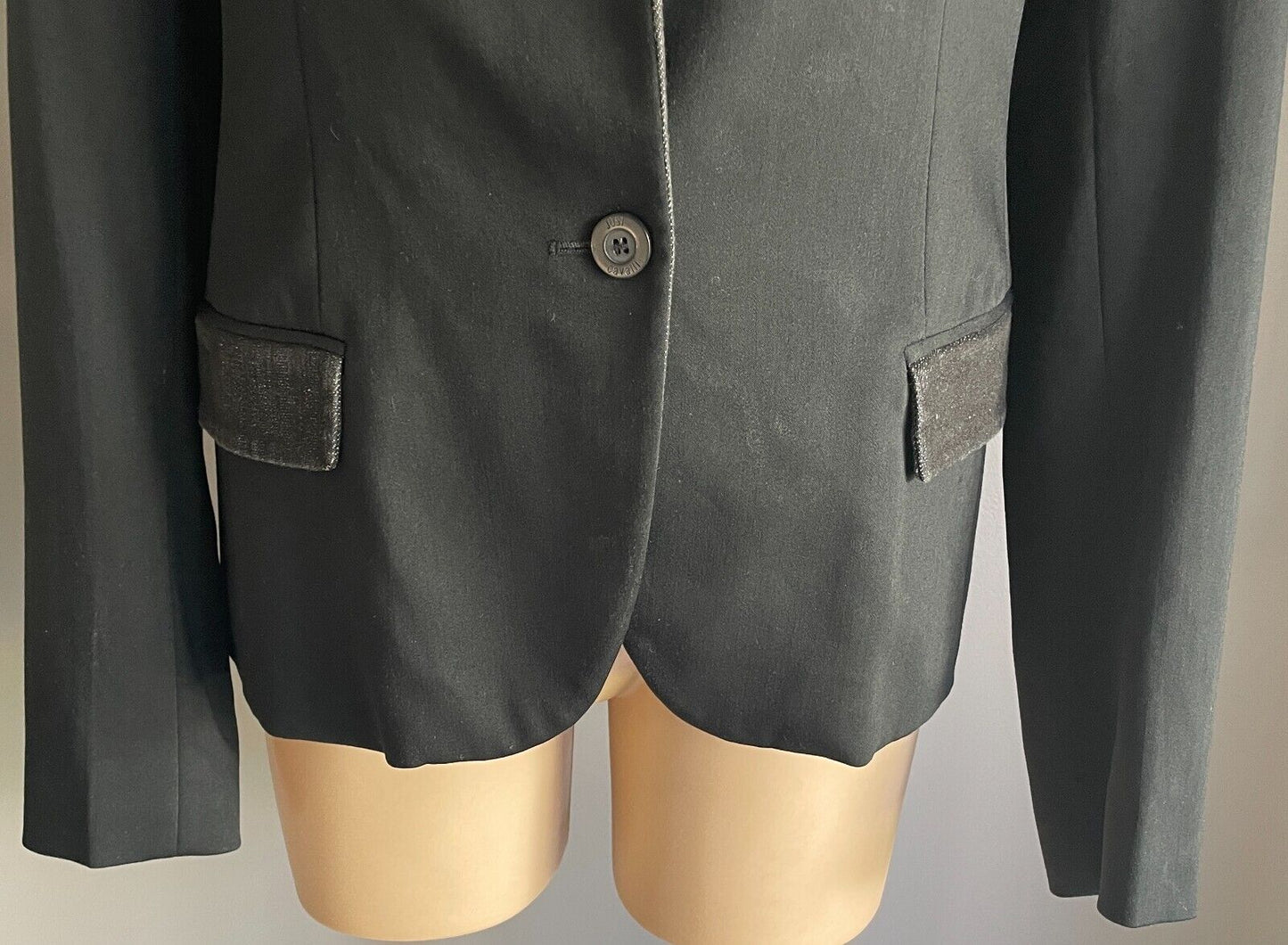 JUST CAVALLI Denim Jacket Black Tailored Long Sleeve with Black Trim Size 44/12