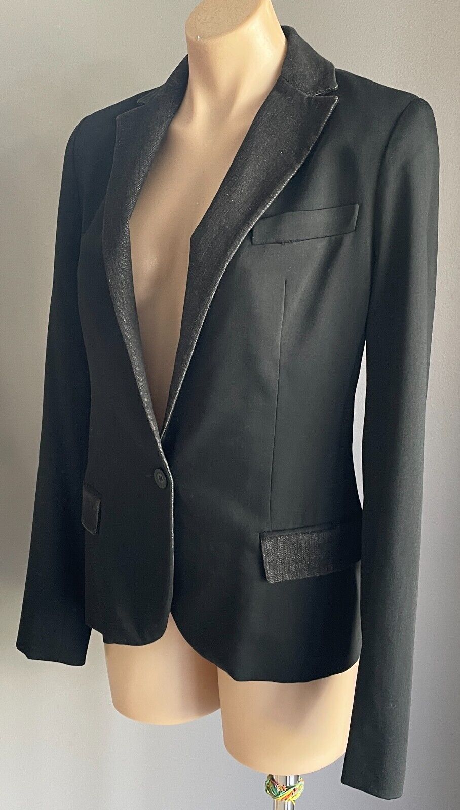 JUST CAVALLI Denim Jacket Black Tailored Long Sleeve with Black Trim Size 44/12