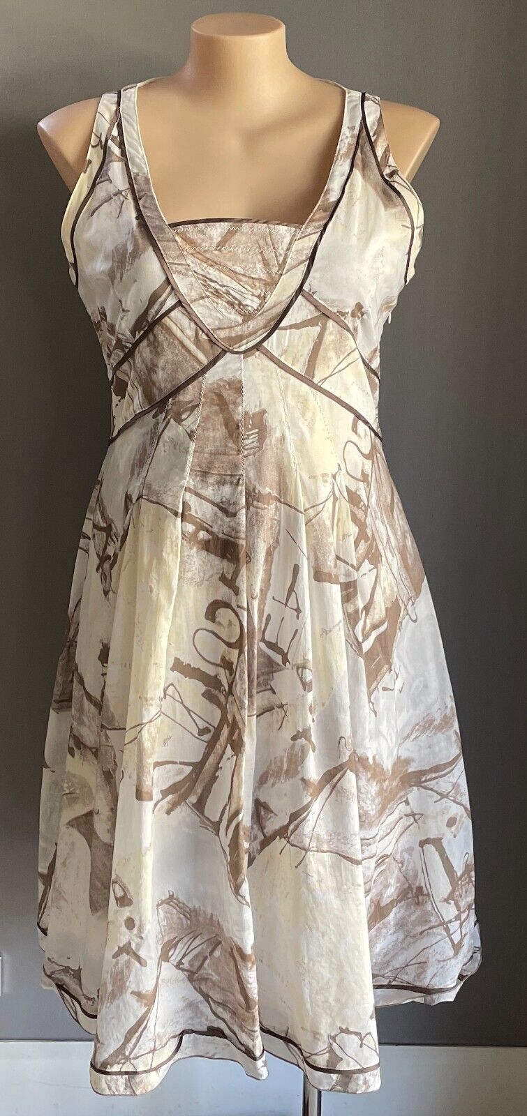 dp:jeans Midi Dress Brown Hues White Cream Print Sleeveless A-Line  Size 48