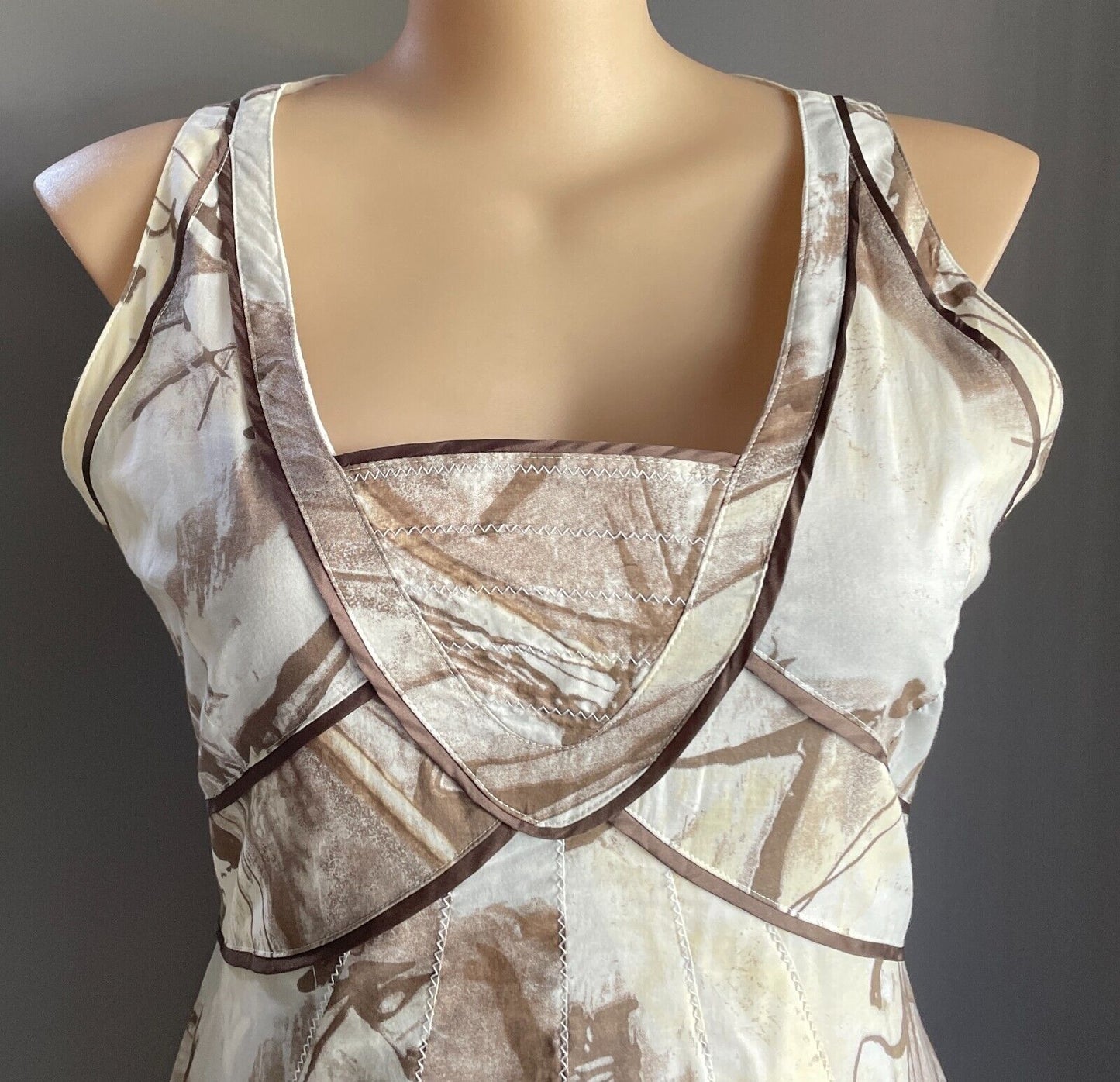 dp:jeans Midi Dress Brown Hues White Cream Print Sleeveless A-Line  Size 48