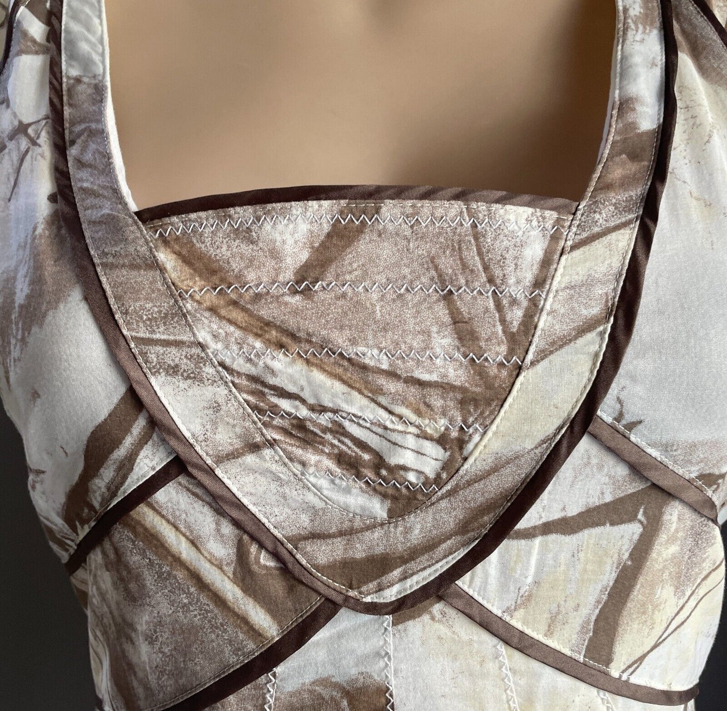 dp:jeans Midi Dress Brown Hues White Cream Print Sleeveless A-Line  Size 48