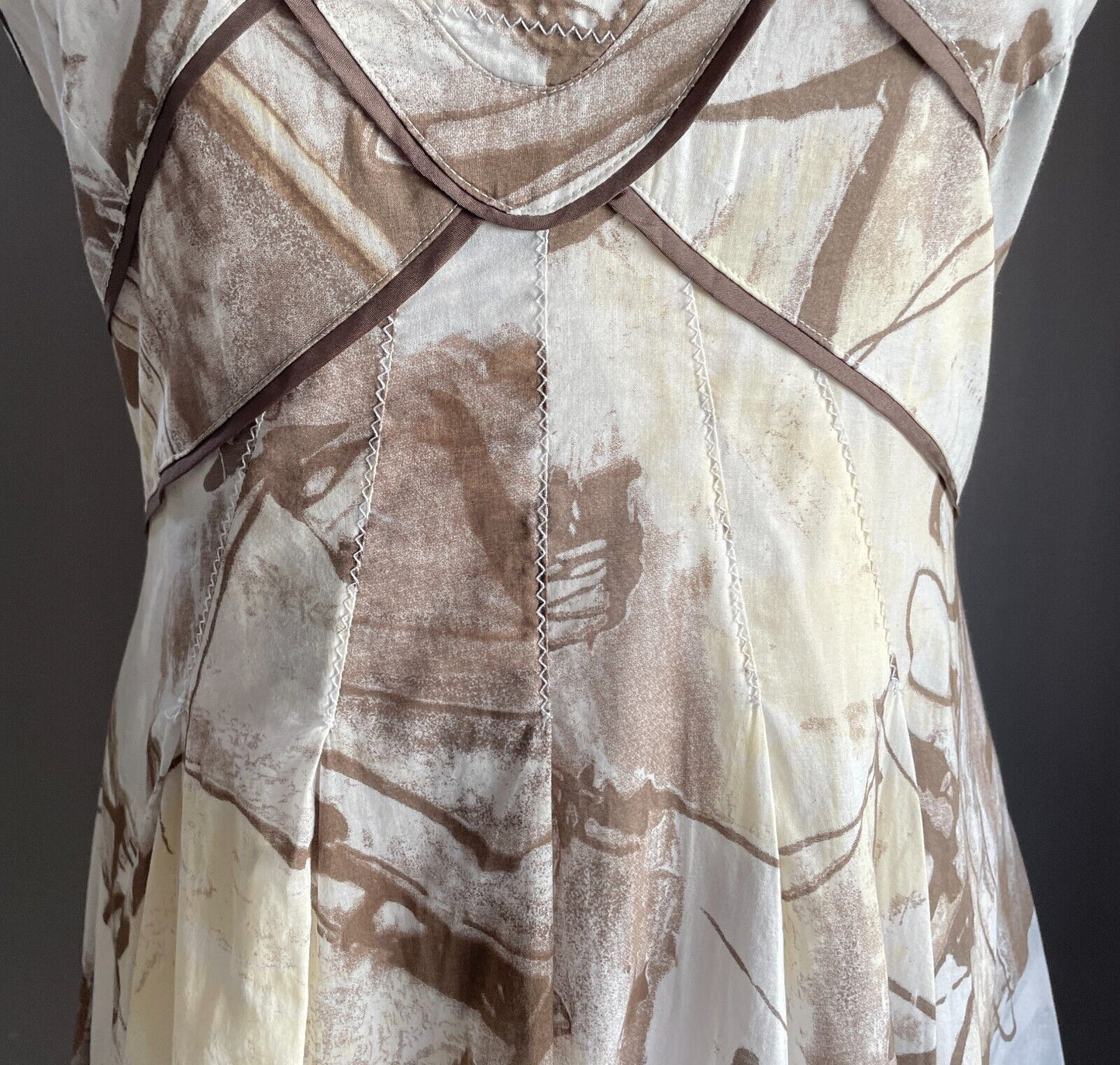 dp:jeans Midi Dress Brown Hues White Cream Print Sleeveless A-Line  Size 48