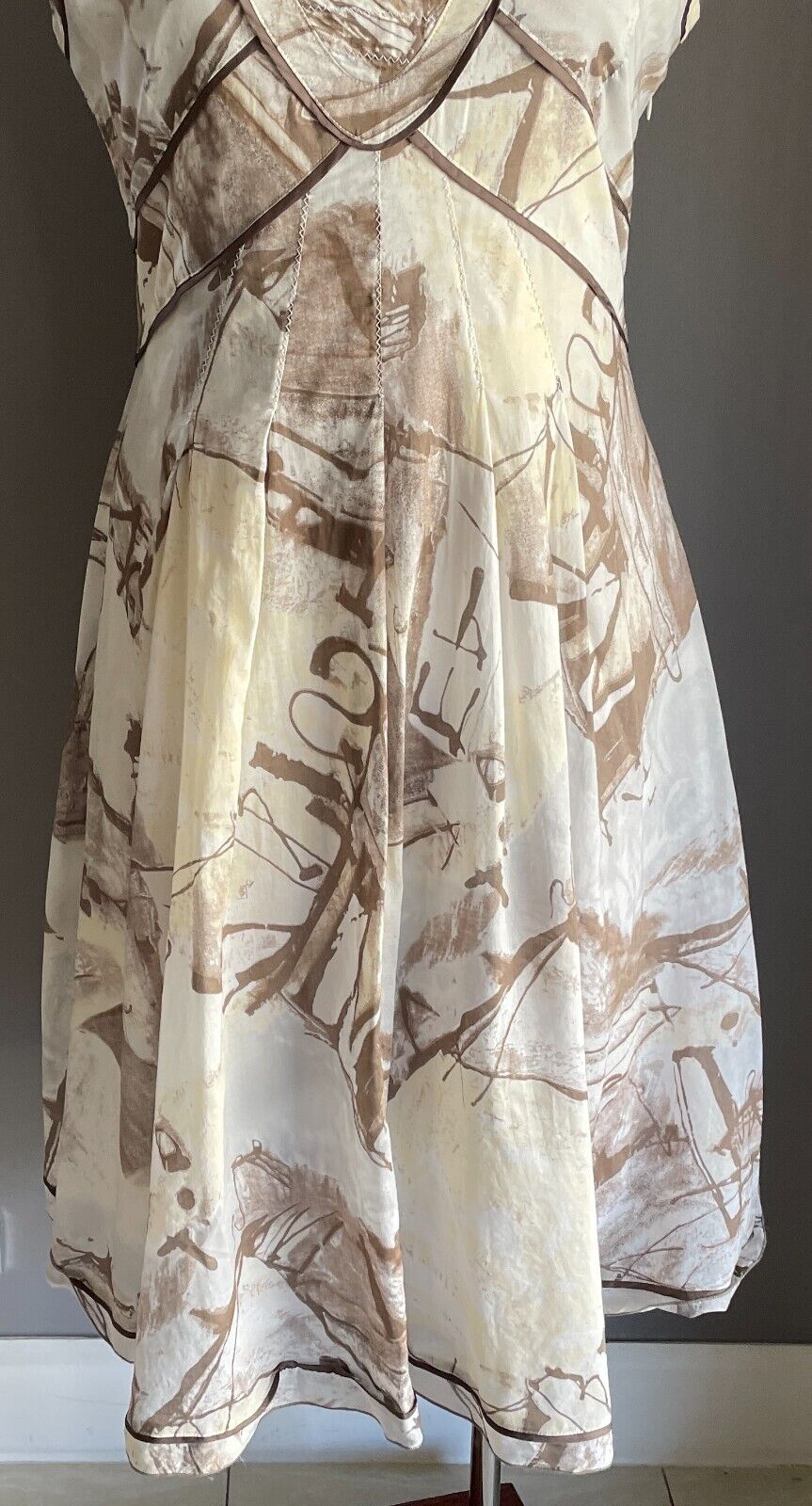 dp:jeans Midi Dress Brown Hues White Cream Print Sleeveless A-Line  Size 48
