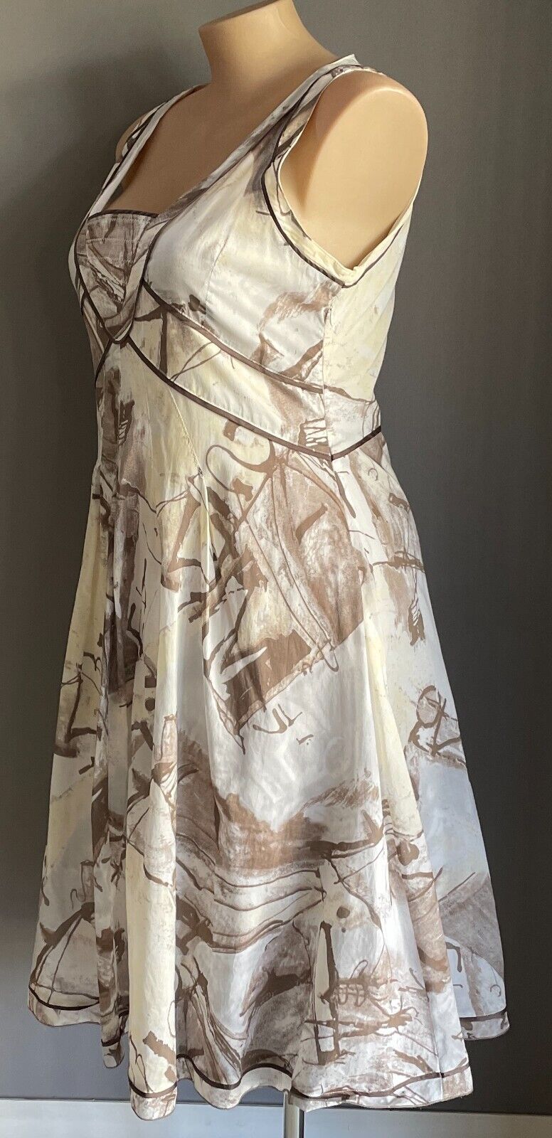 dp:jeans Midi Dress Brown Hues White Cream Print Sleeveless A-Line  Size 48