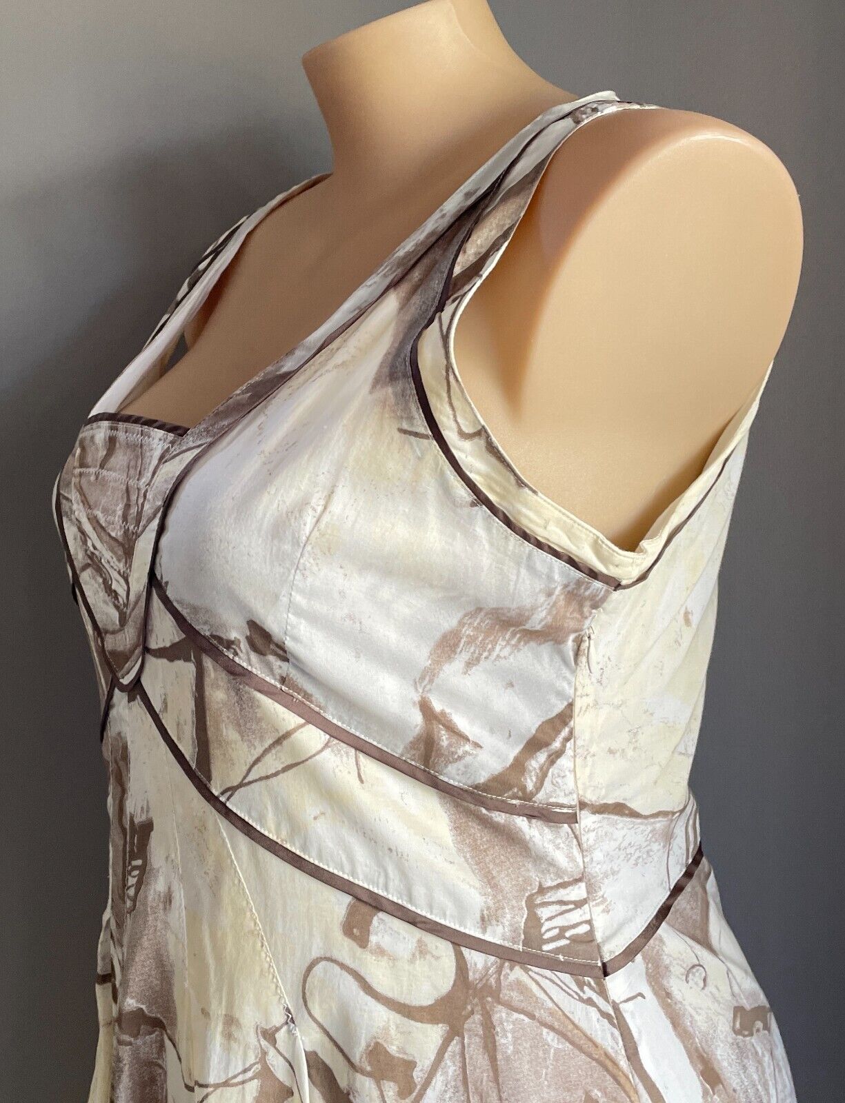 dp:jeans Midi Dress Brown Hues White Cream Print Sleeveless A-Line  Size 48