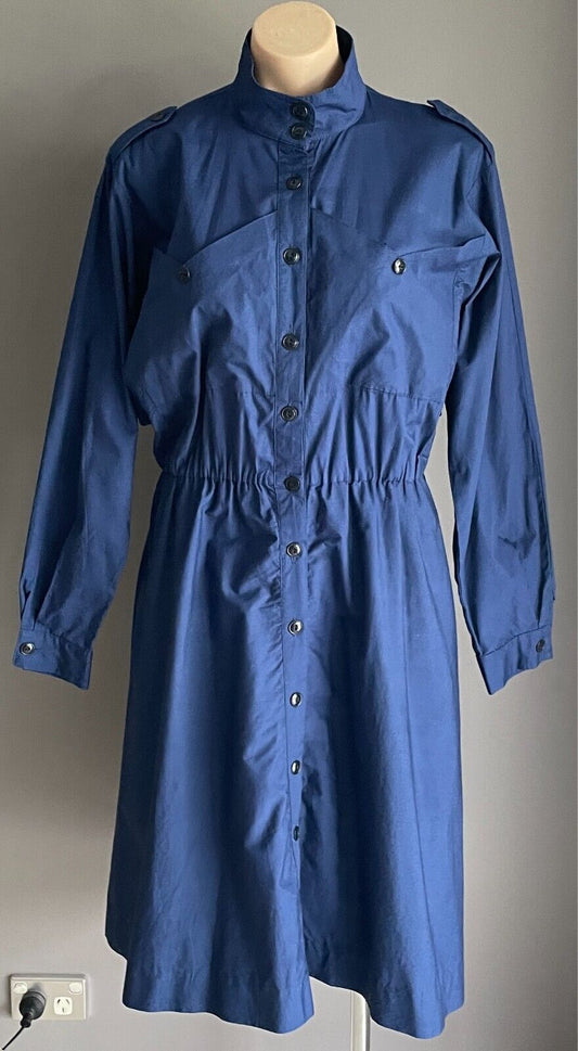 1980s Parachute Dress Navy Button Front Long Sleeve Cotton Elastic Waist Size 42