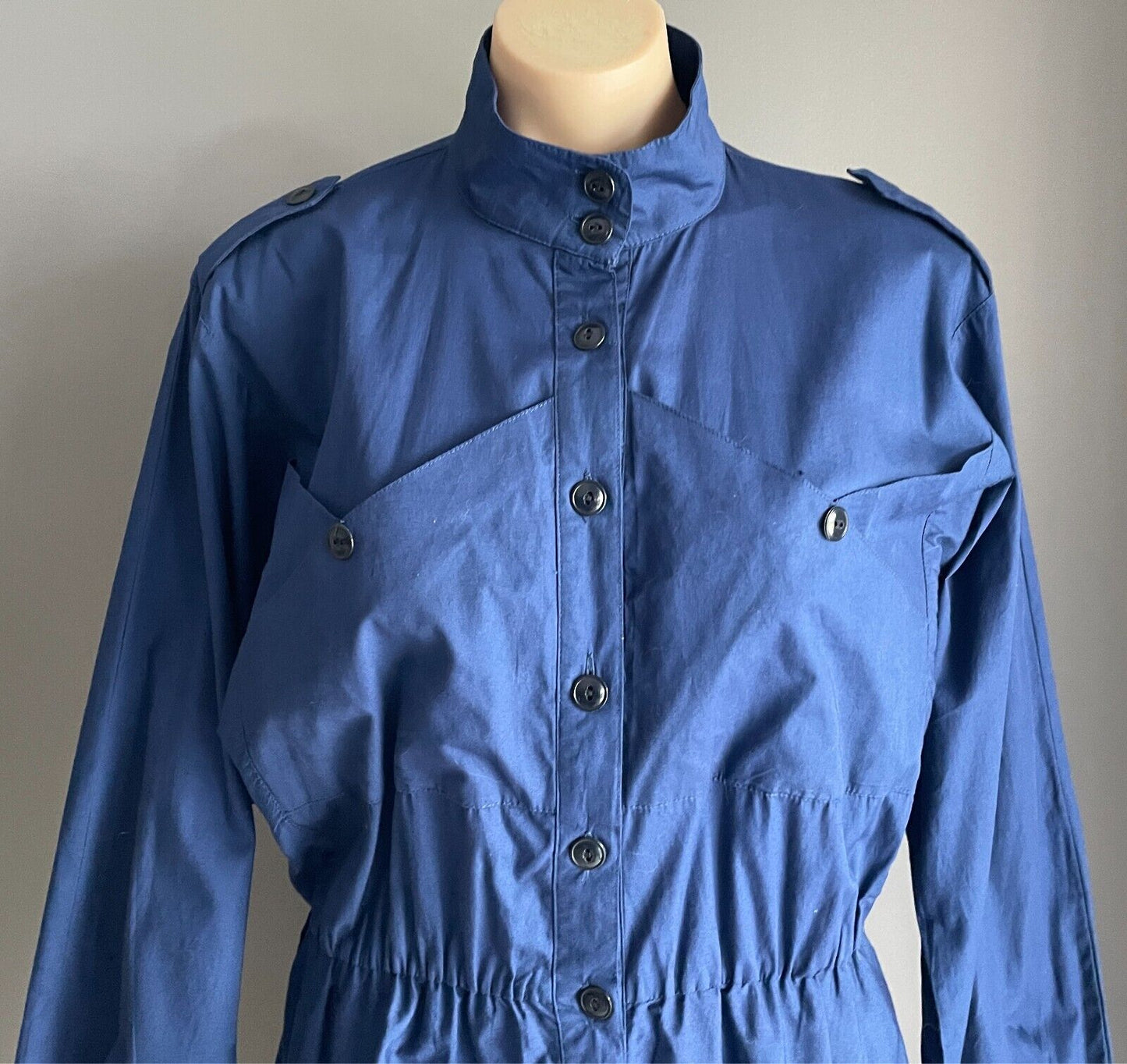 1980s Parachute Dress Navy Button Front Long Sleeve Cotton Elastic Waist Size 42