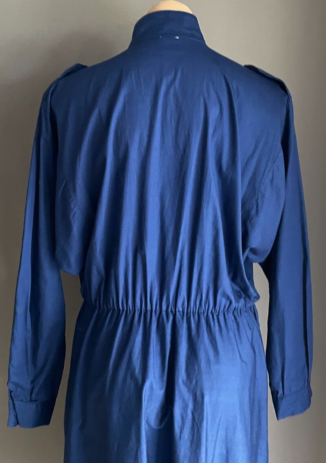 1980s Parachute Dress Navy Button Front Long Sleeve Cotton Elastic Waist Size 42