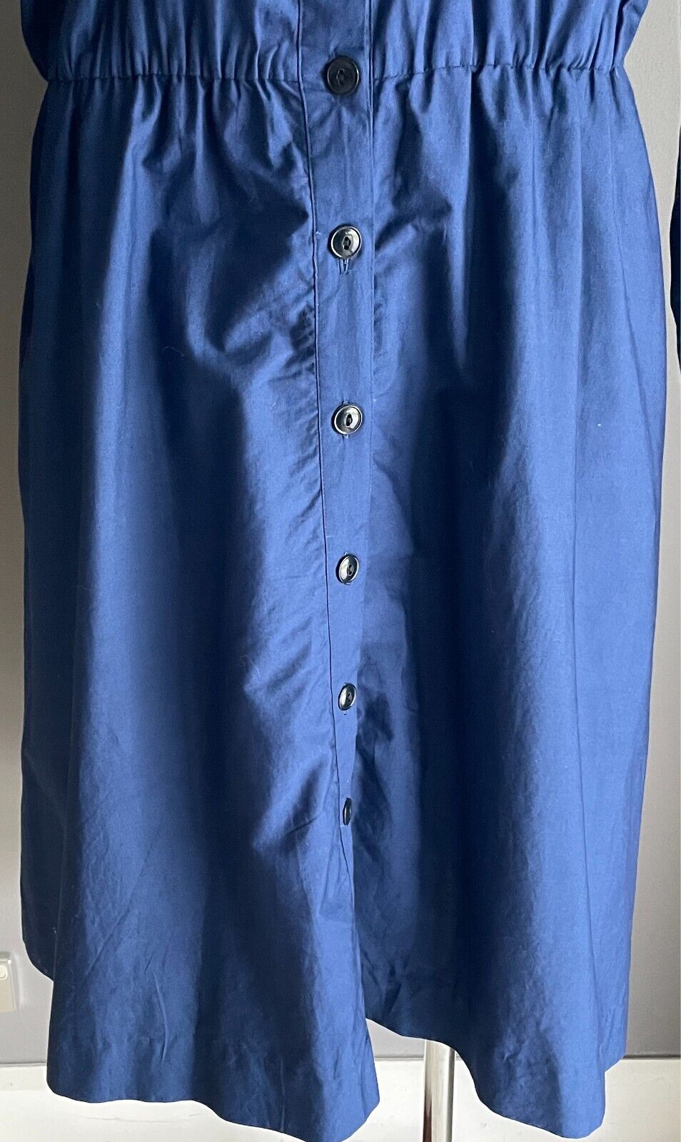 1980s Parachute Dress Navy Button Front Long Sleeve Cotton Elastic Waist Size 42