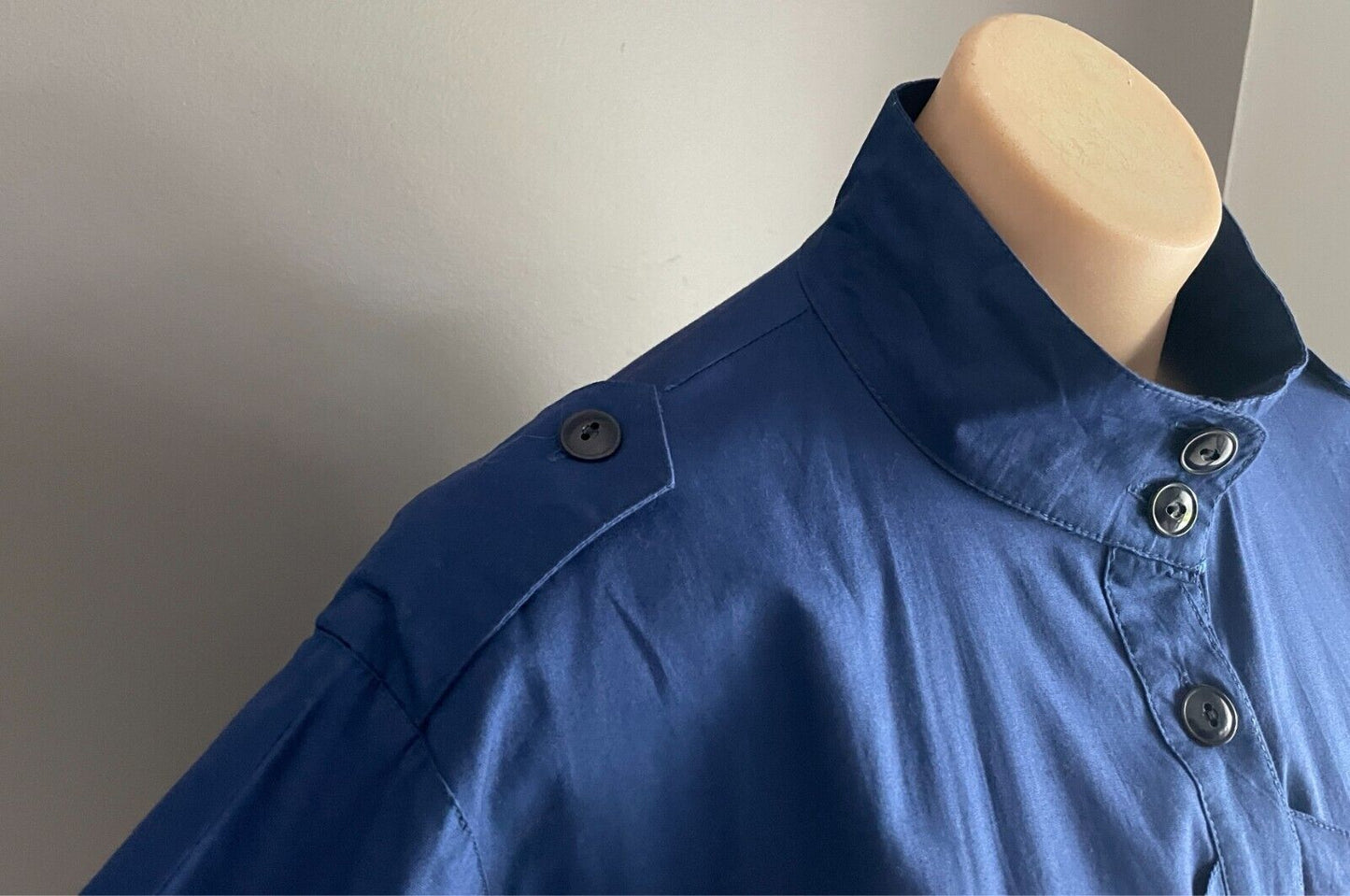 1980s Parachute Dress Navy Button Front Long Sleeve Cotton Elastic Waist Size 42