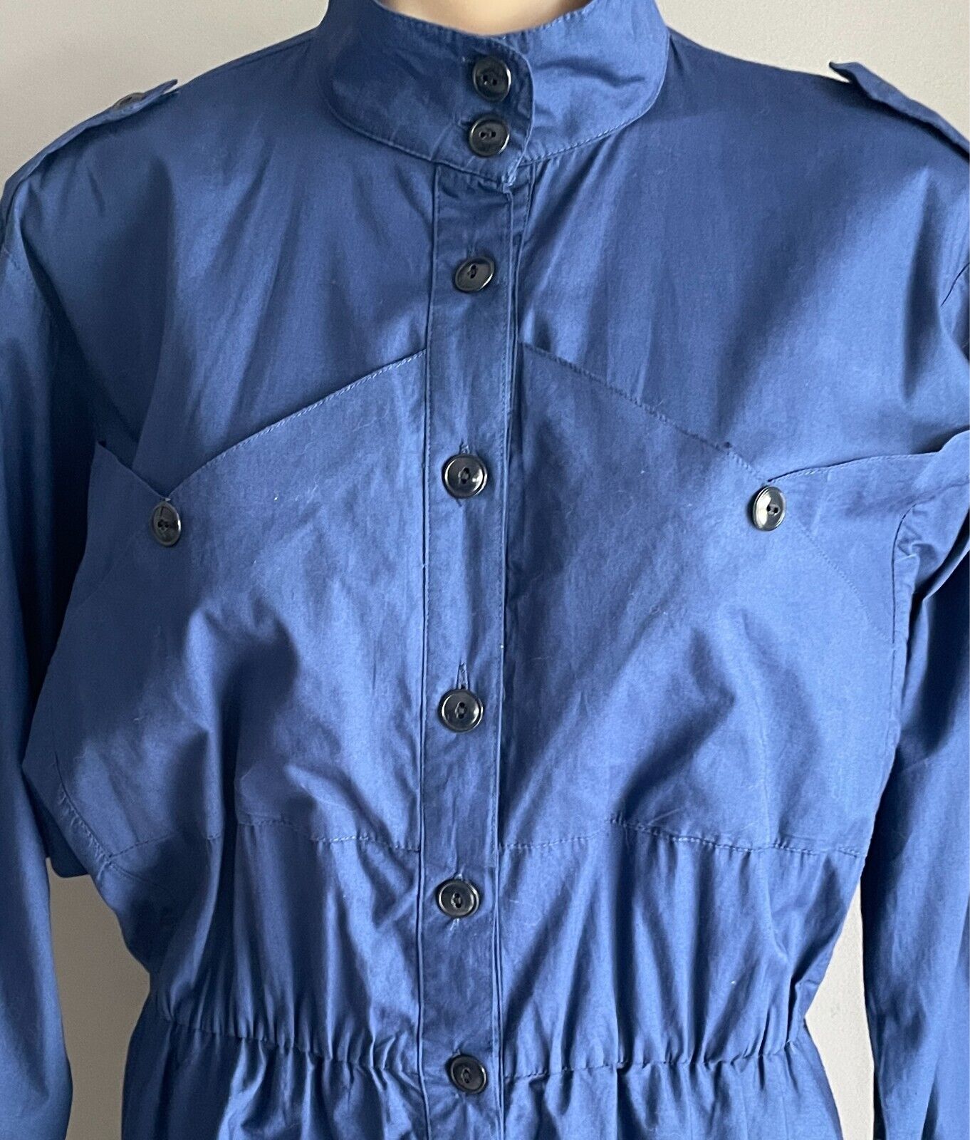 1980s Parachute Dress Navy Button Front Long Sleeve Cotton Elastic Waist Size 42