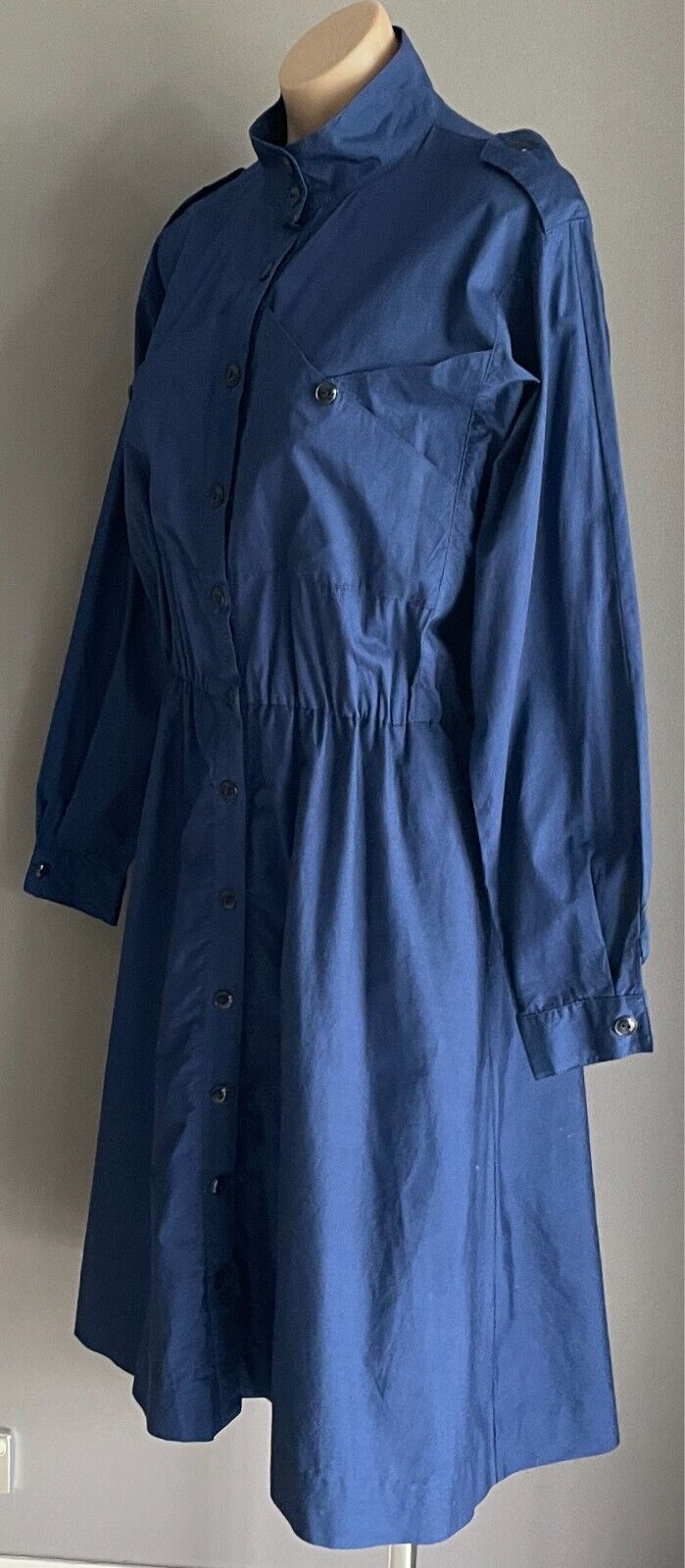 1980s Parachute Dress Navy Button Front Long Sleeve Cotton Elastic Waist Size 42