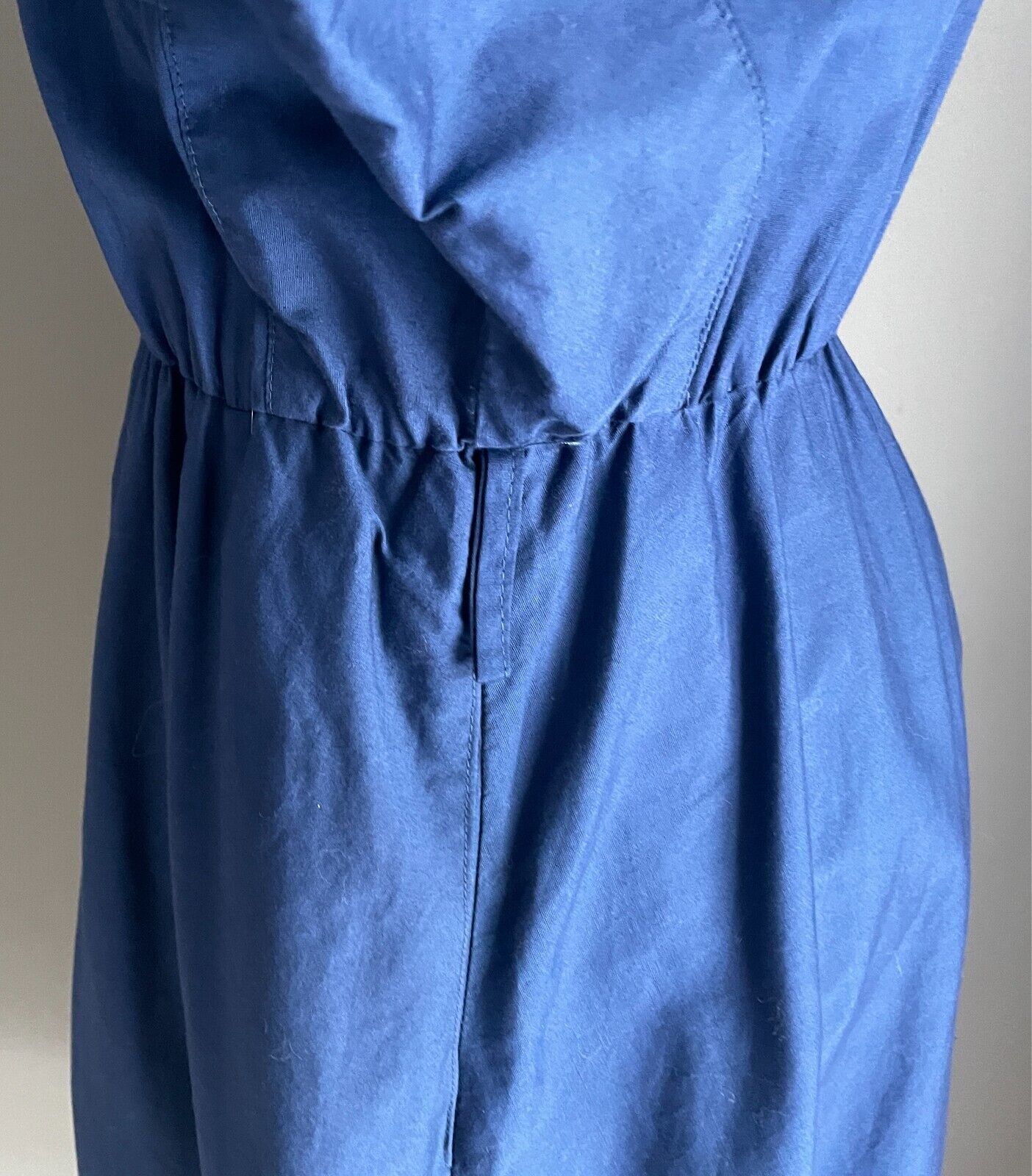 1980s Parachute Dress Navy Button Front Long Sleeve Cotton Elastic Waist Size 42