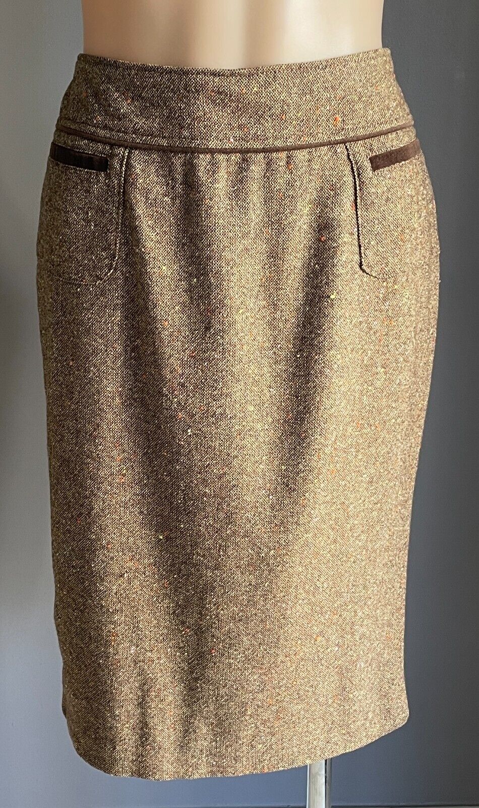 DOLCE & GABBANA Skirt Brown Tweed Straight Wool Blend Knee Length Size 44 AU 12