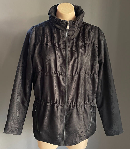 MAGGIE T Jacket Black Snake Print Long Sleeve Size 10 Zip Front Hoodie Casual