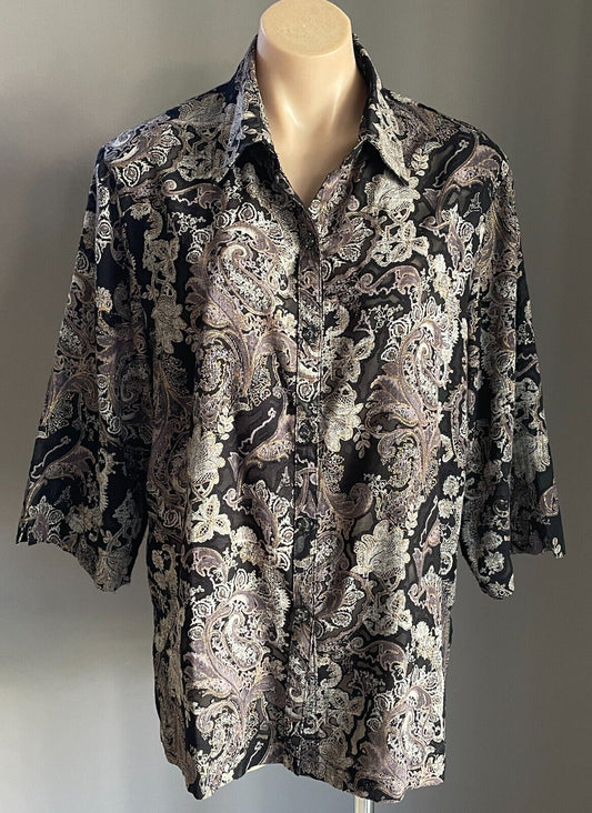 KATE HARRIS Blouse Shirt Black Grey Taupe Gold Paisley 3/4 Sleeve Shirt Size 16
