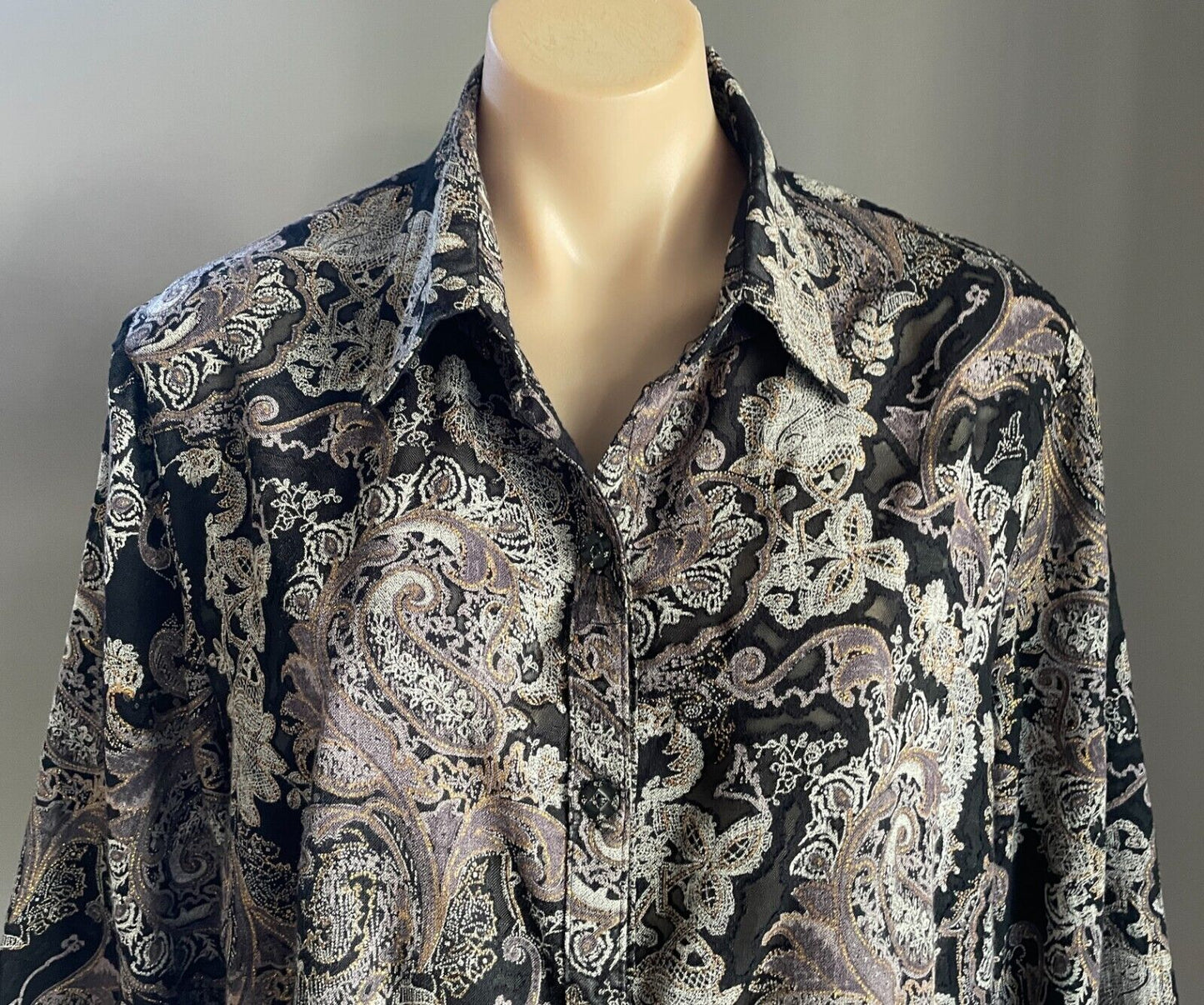 KATE HARRIS Blouse Shirt Black Grey Taupe Gold Paisley 3/4 Sleeve Shirt Size 16