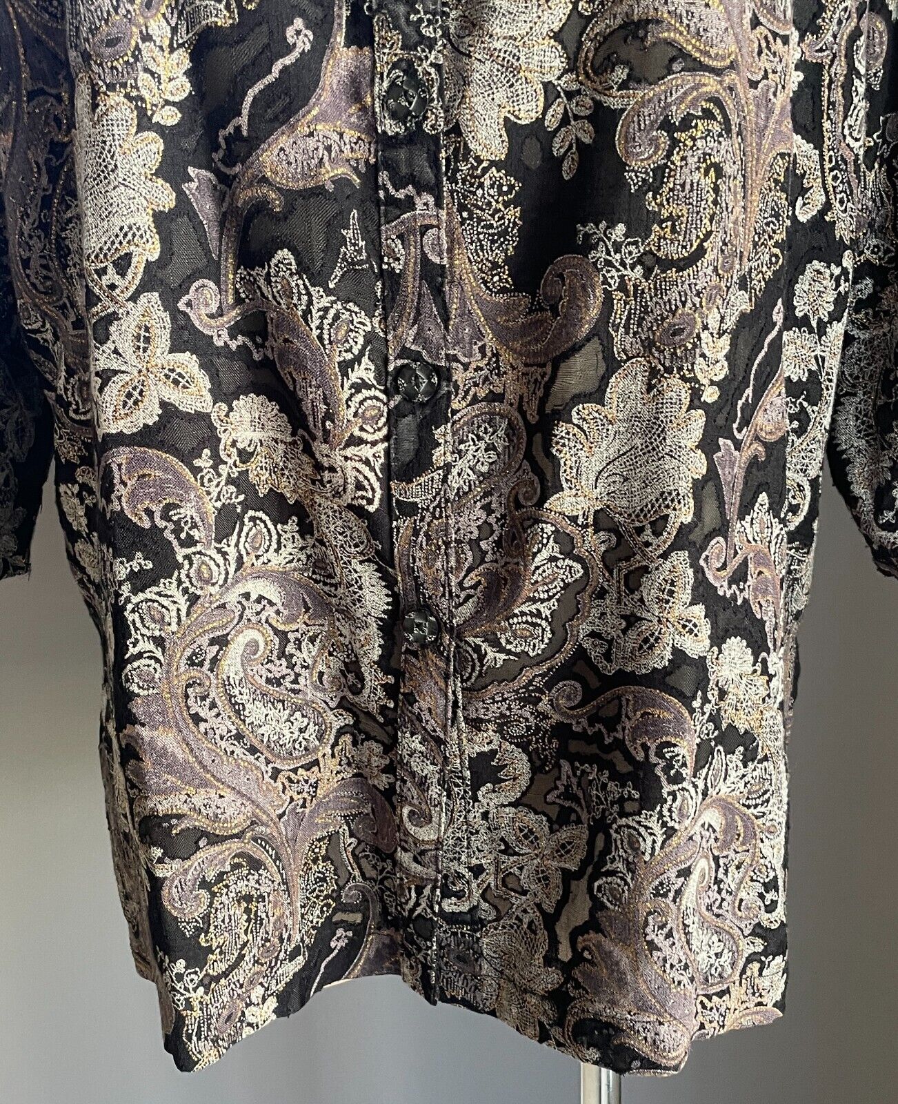 KATE HARRIS Blouse Shirt Black Grey Taupe Gold Paisley 3/4 Sleeve Shirt Size 16