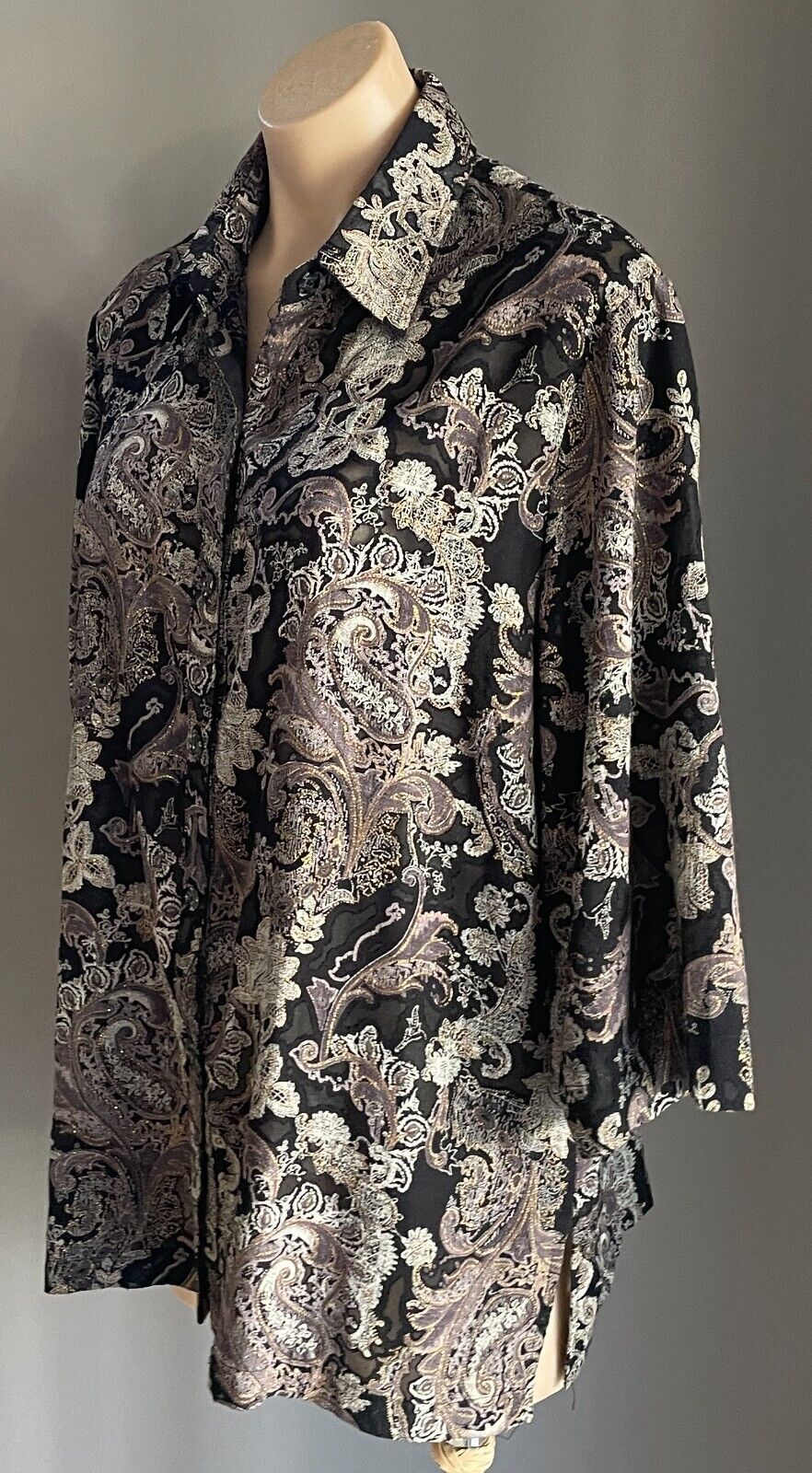 KATE HARRIS Blouse Shirt Black Grey Taupe Gold Paisley 3/4 Sleeve Shirt Size 16