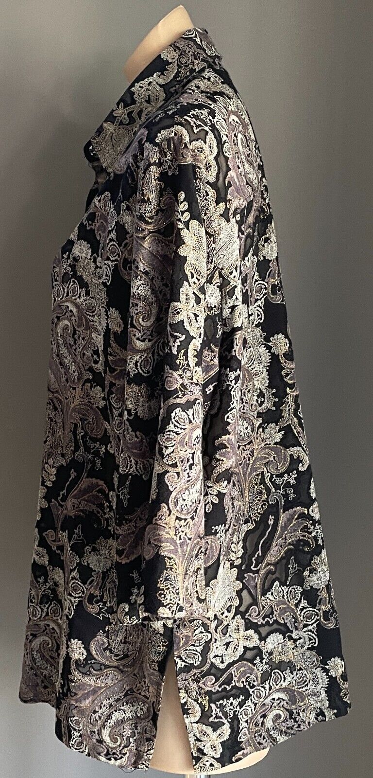 KATE HARRIS Blouse Shirt Black Grey Taupe Gold Paisley 3/4 Sleeve Shirt Size 16