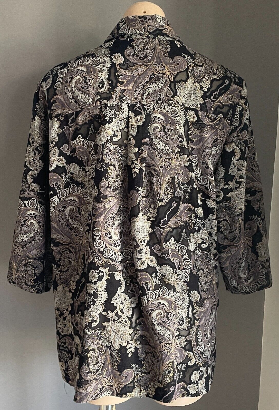 KATE HARRIS Blouse Shirt Black Grey Taupe Gold Paisley 3/4 Sleeve Shirt Size 16