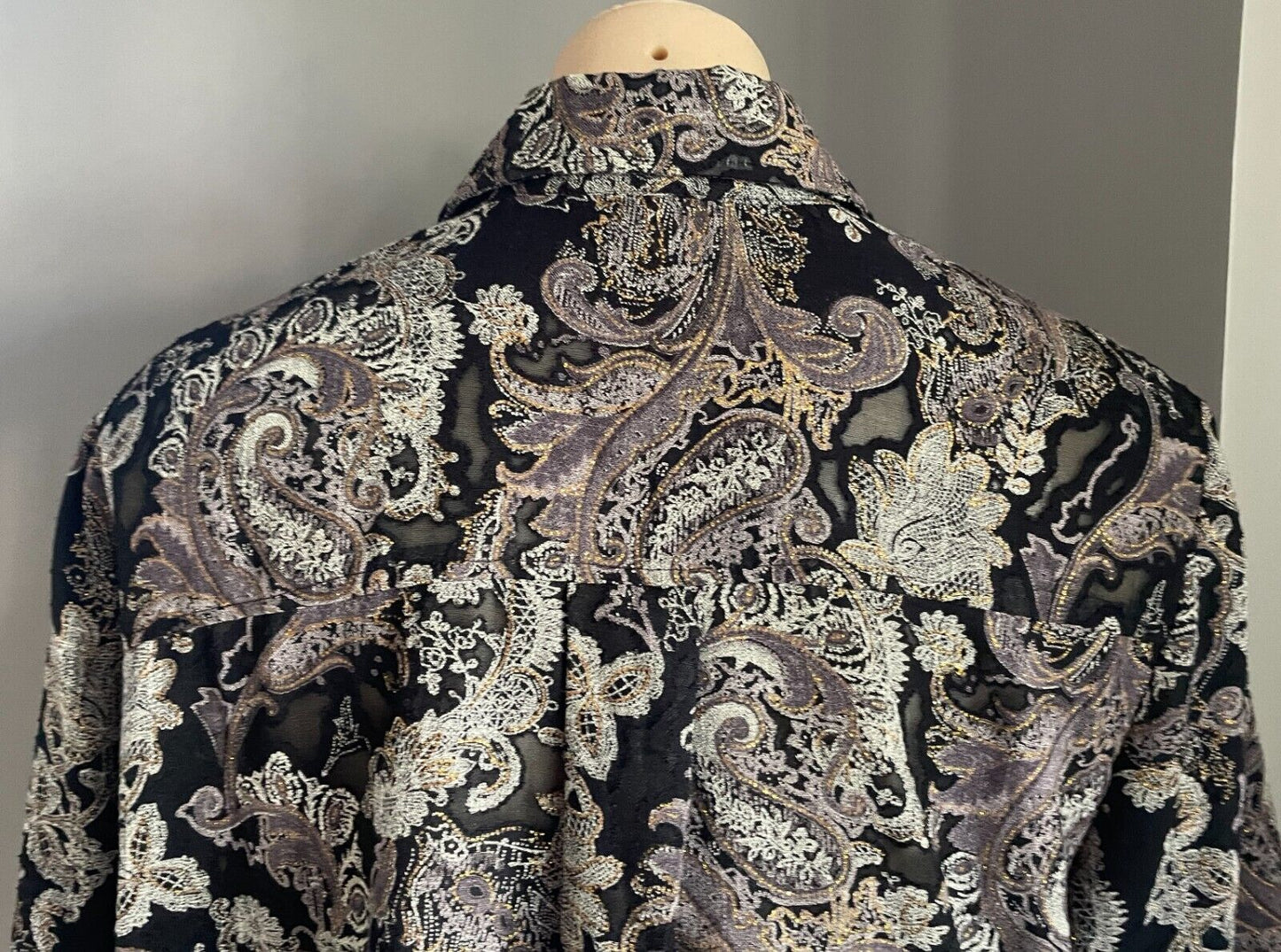 KATE HARRIS Blouse Shirt Black Grey Taupe Gold Paisley 3/4 Sleeve Shirt Size 16