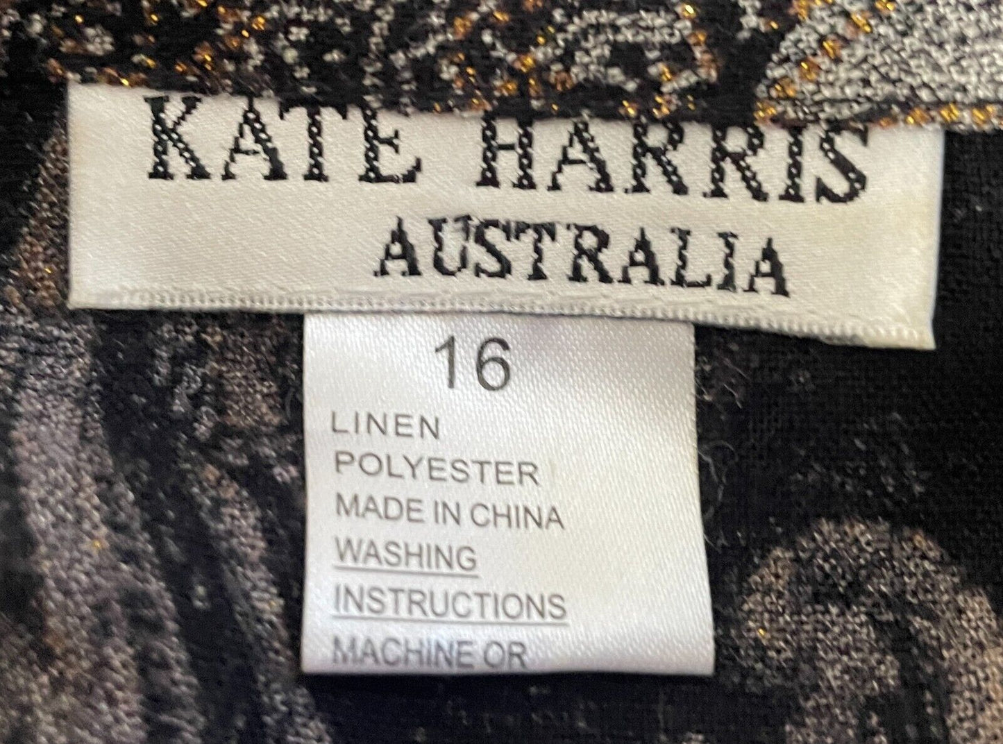 KATE HARRIS Blouse Shirt Black Grey Taupe Gold Paisley 3/4 Sleeve Shirt Size 16