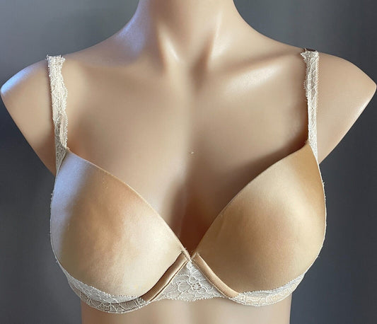 WONDERBRA Push Up Bra Champagne Off White Lace Trim Size 14D Adjustable H7234
