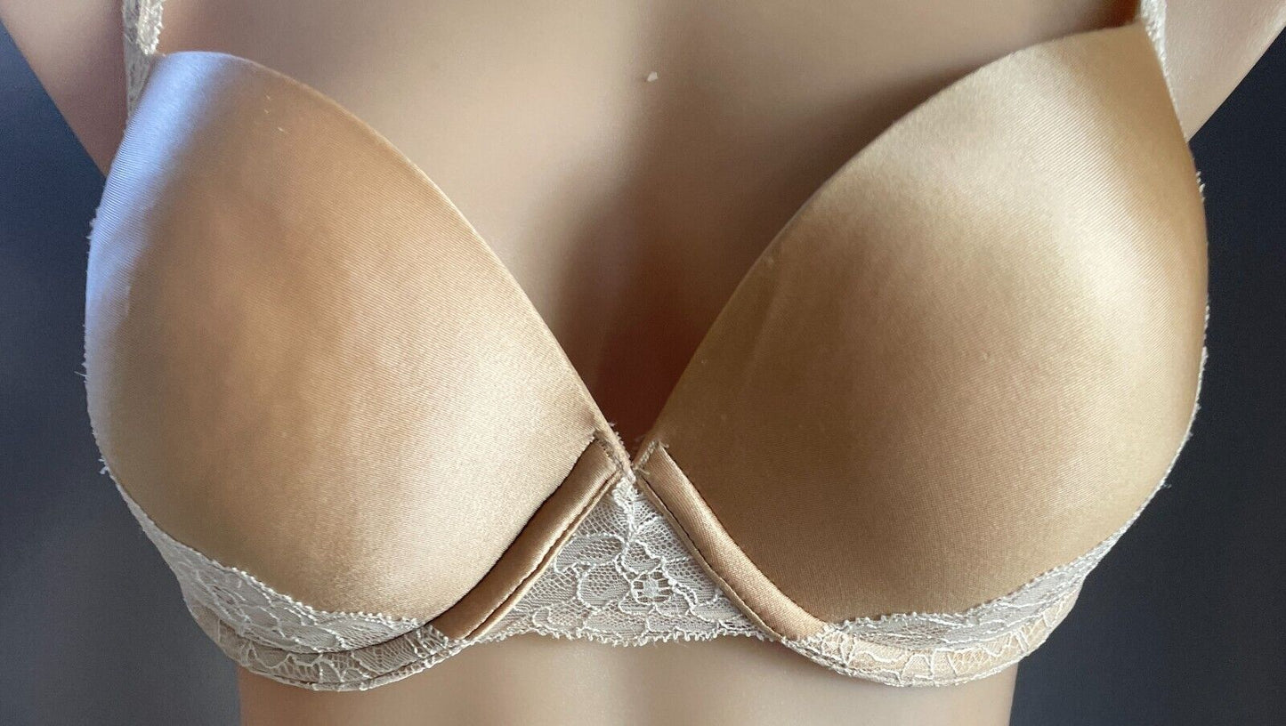 WONDERBRA Push Up Bra Champagne Off White Lace Trim Size 14D Adjustable H7234
