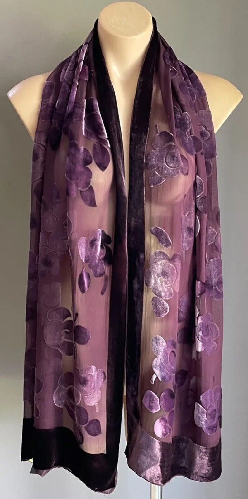 Neck Scarf CHELSEA DESIGN Purple Silk Rayon Blend Velour Floral Sheer Rectangle