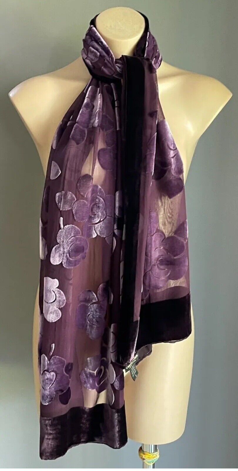 Neck Scarf CHELSEA DESIGN Purple Silk Rayon Blend Velour Floral Sheer Rectangle