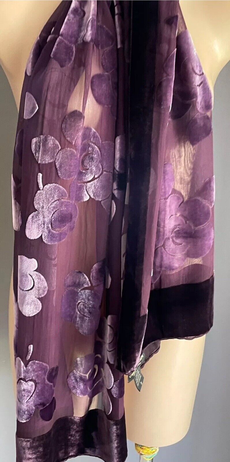 Neck Scarf CHELSEA DESIGN Purple Silk Rayon Blend Velour Floral Sheer Rectangle