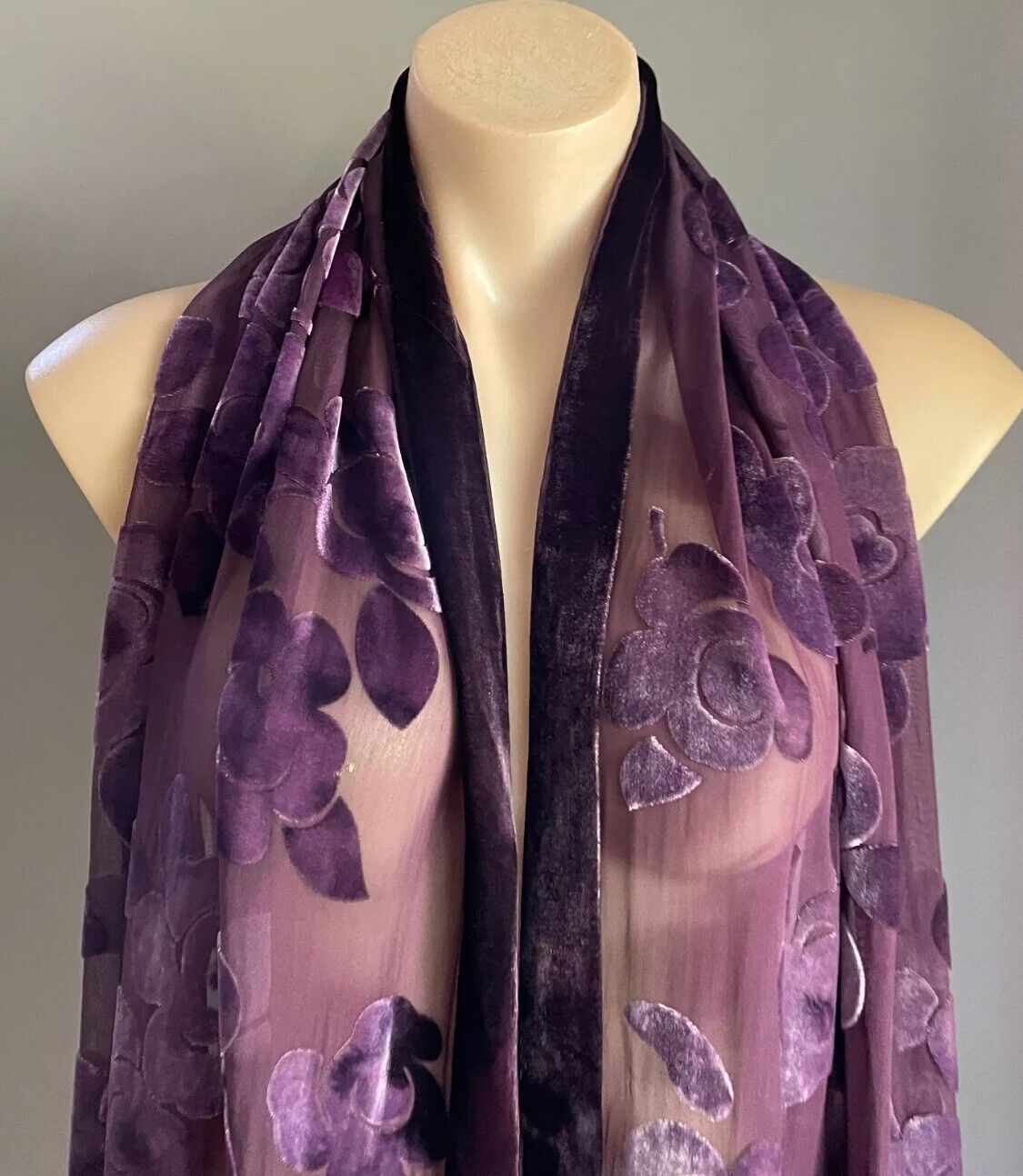 Neck Scarf CHELSEA DESIGN Purple Silk Rayon Blend Velour Floral Sheer Rectangle
