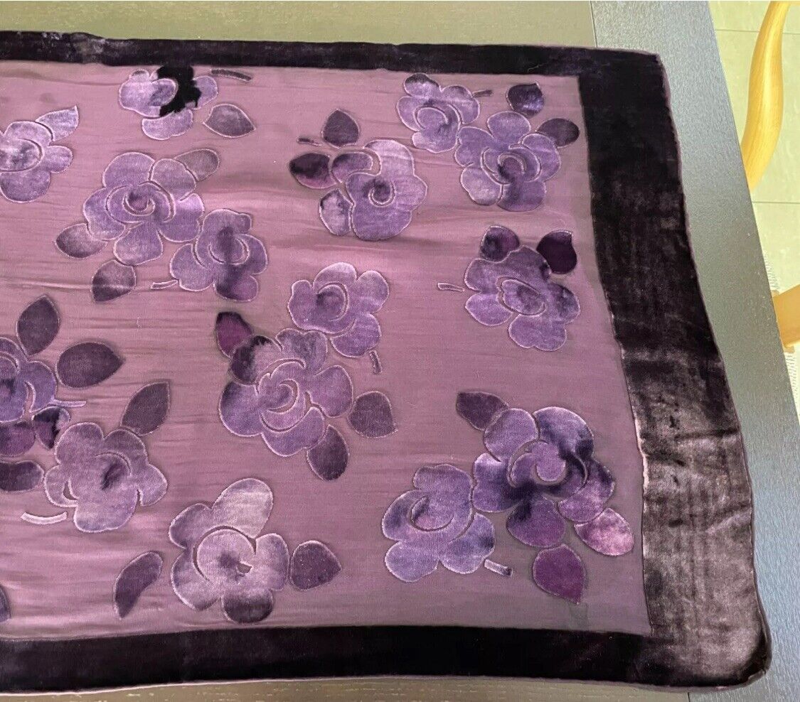 Neck Scarf CHELSEA DESIGN Purple Silk Rayon Blend Velour Floral Sheer Rectangle